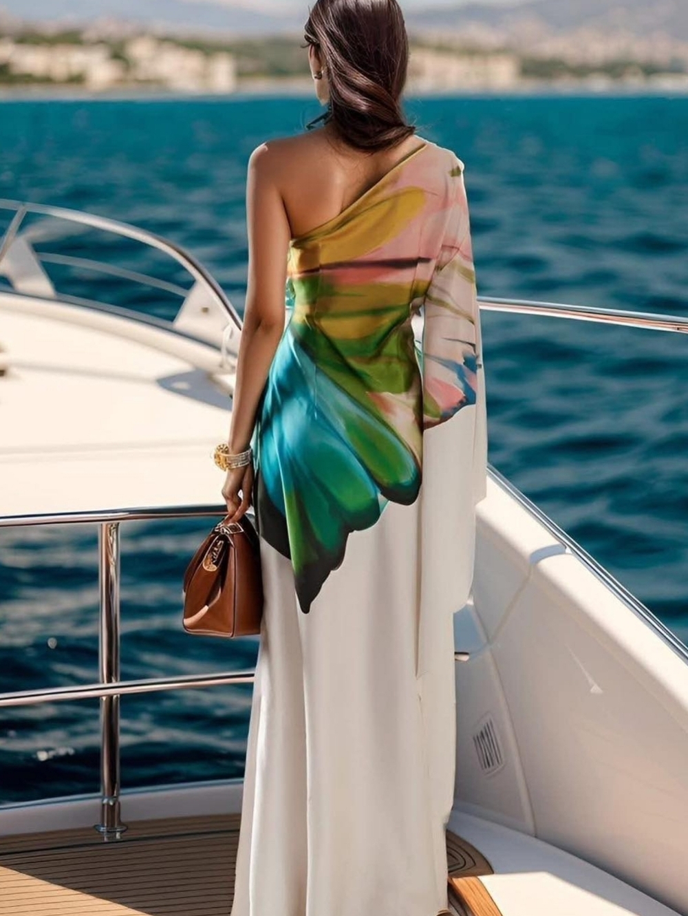 Elegant One-Shoulder White Maxi Dress with Green-Blue Floral Print